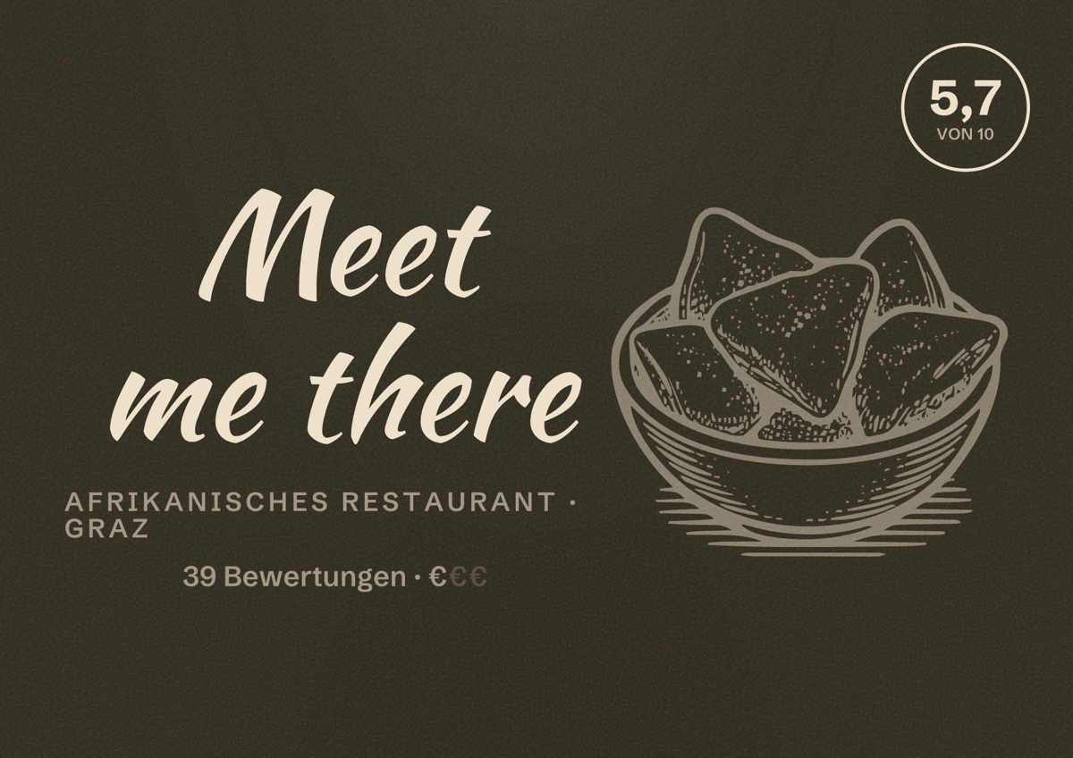 Illustriertes Poster von Meet me there, Afrikanisches Restaurant in Graz: Bewertung 5,7 von 10 aus 39 Bewertungen, Preisniveau €