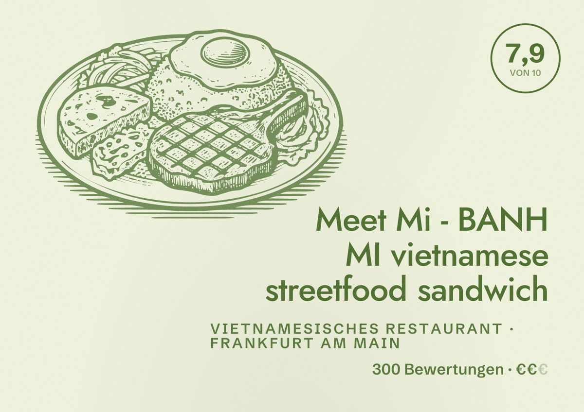Illustriertes Poster von Meet Mi - BANH MI vietnamese streetfood sandwich, Vietnamesisches Restaurant in Frankfurt am Main: Bewertung 7,9 von 10 aus 300 Bewertungen, Preisniveau €€