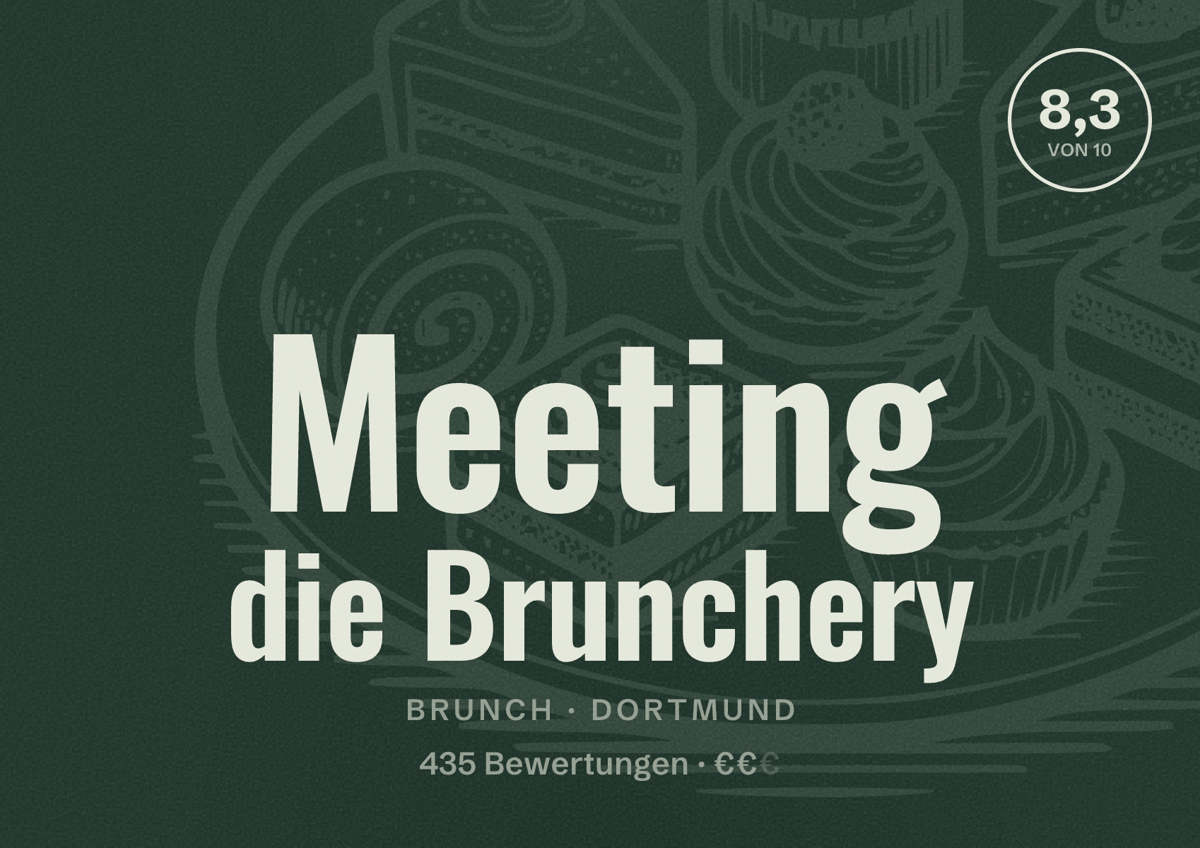 Illustriertes Poster von Meeting die Brunchery, Brunch in Dortmund: Bewertung 8,3 von 10 aus 435 Bewertungen, Preisniveau €€