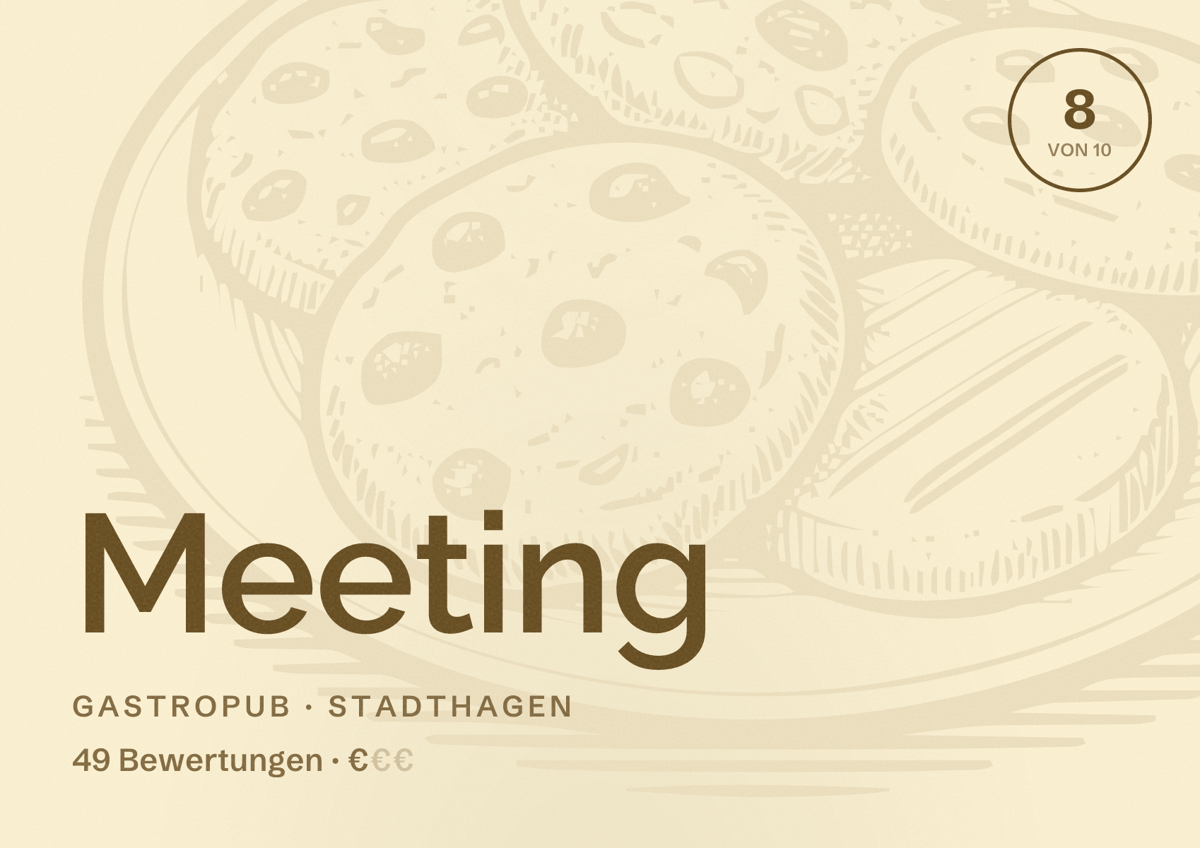 Illustriertes Poster von Meeting, Gastropub in Stadthagen: Bewertung 8 von 10 aus 49 Bewertungen, Preisniveau €
