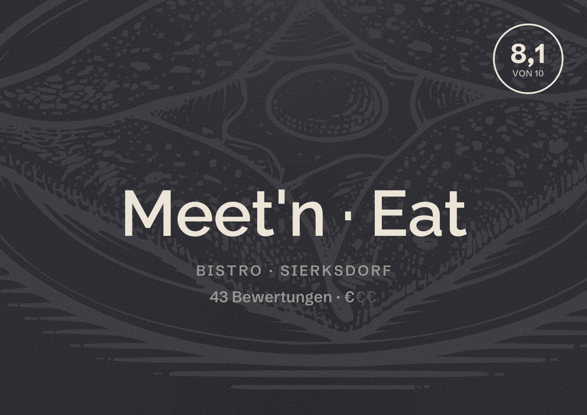 Illustriertes Poster von Meet'n Eat, Bistro in Sierksdorf: Bewertung 8,1 von 10 aus 43 Bewertungen, Preisniveau €