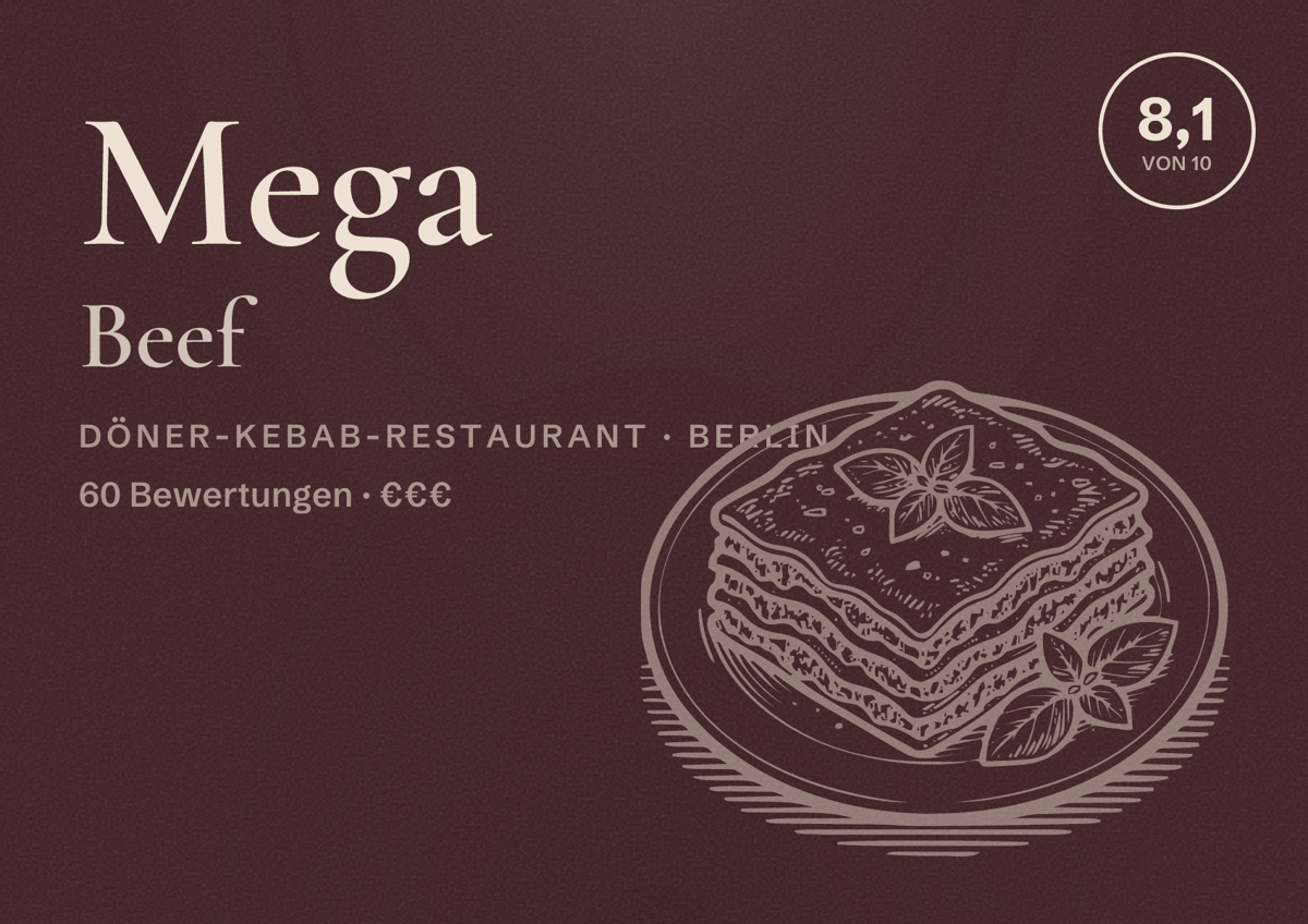 Illustriertes Poster von Mega Beef, Döner-Kebab-Restaurant in Berlin: Bewertung 8,1 von 10 aus 60 Bewertungen, Preisniveau €€€