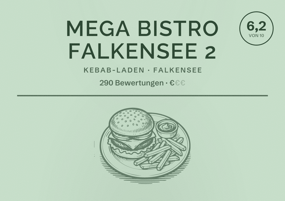 Illustriertes Poster von Mega Bistro Falkensee 2, Kebab-Laden in Falkensee: Bewertung 6,2 von 10 aus 290 Bewertungen, Preisniveau €