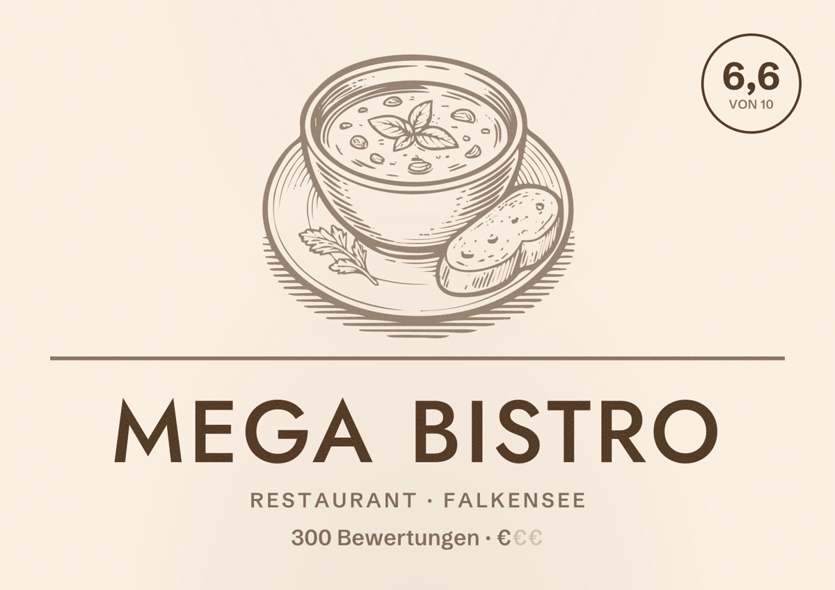 Illustriertes Poster von Mega Bistro, Restaurant in Falkensee: Bewertung 6,6 von 10 aus 300 Bewertungen, Preisniveau €