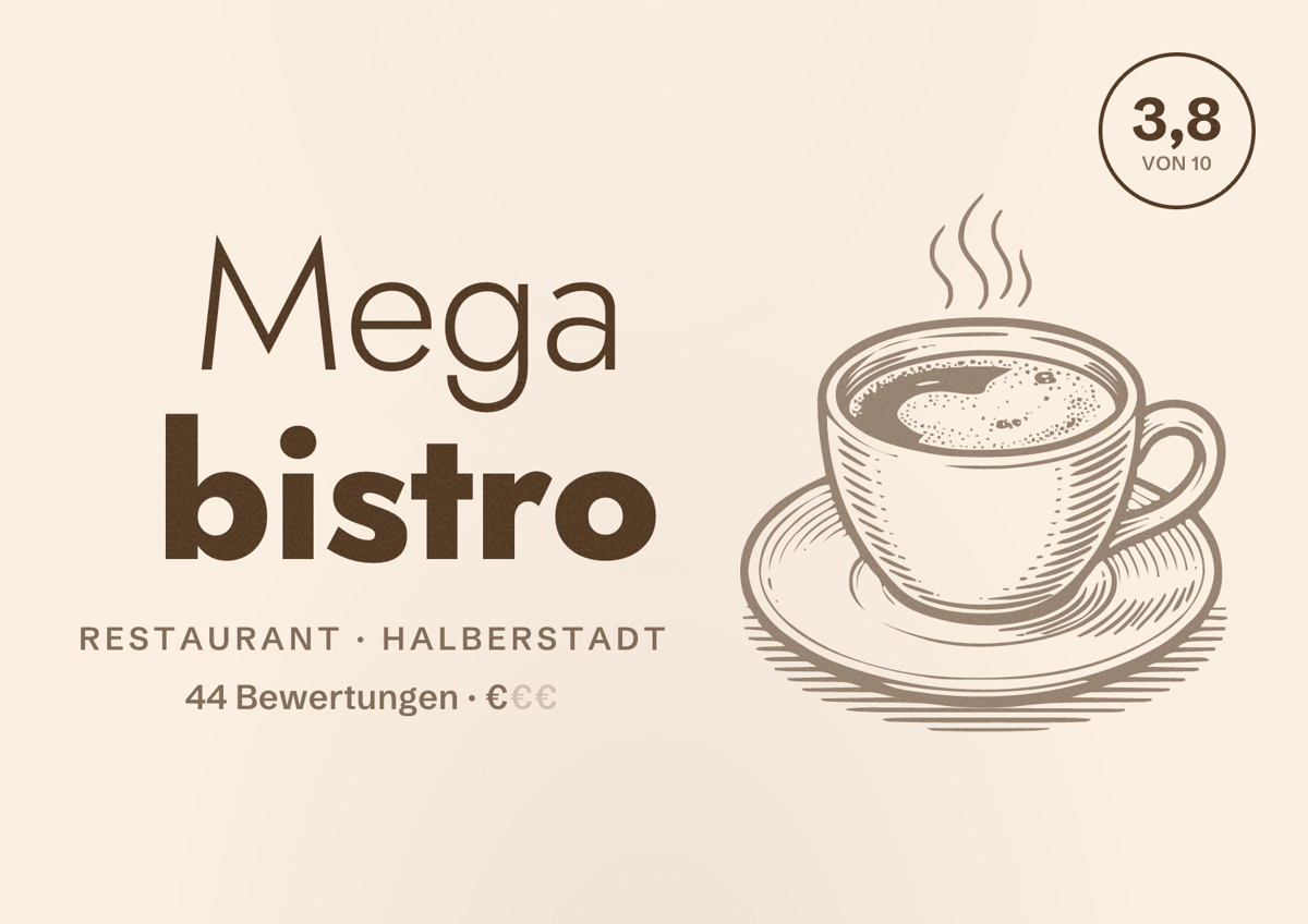 Illustriertes Poster von Mega bistro, Restaurant in Halberstadt: Bewertung 3,8 von 10 aus 44 Bewertungen, Preisniveau €
