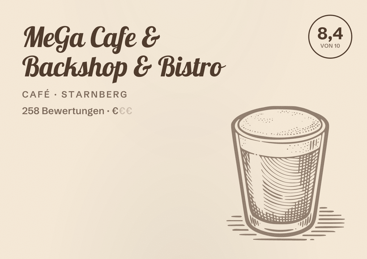 Illustriertes Poster von MeGa Cafe & Backshop & Bistro, Café in Starnberg: Bewertung 8,4 von 10 aus 258 Bewertungen, Preisniveau €
