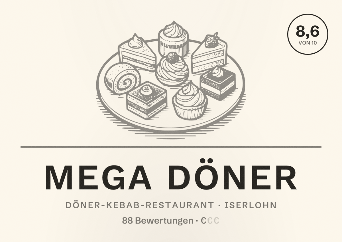 Illustriertes Poster von Mega Döner, Döner-Kebab-Restaurant in Iserlohn: Bewertung 8,6 von 10 aus 88 Bewertungen, Preisniveau €