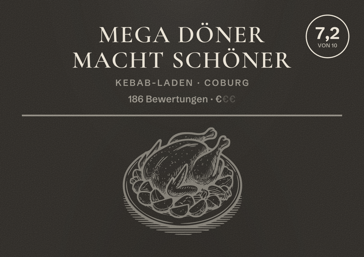 Illustriertes Poster von MEGA DÖNER macht schöner, Kebab-Laden in Coburg: Bewertung 7,2 von 10 aus 186 Bewertungen, Preisniveau €
