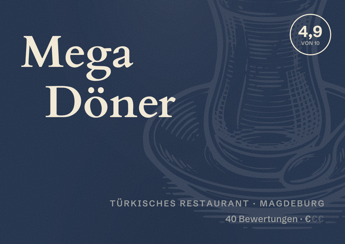 Illustriertes Poster von Mega Döner, Türkisches Restaurant in Magdeburg: Bewertung 4,9 von 10 aus 40 Bewertungen, Preisniveau €