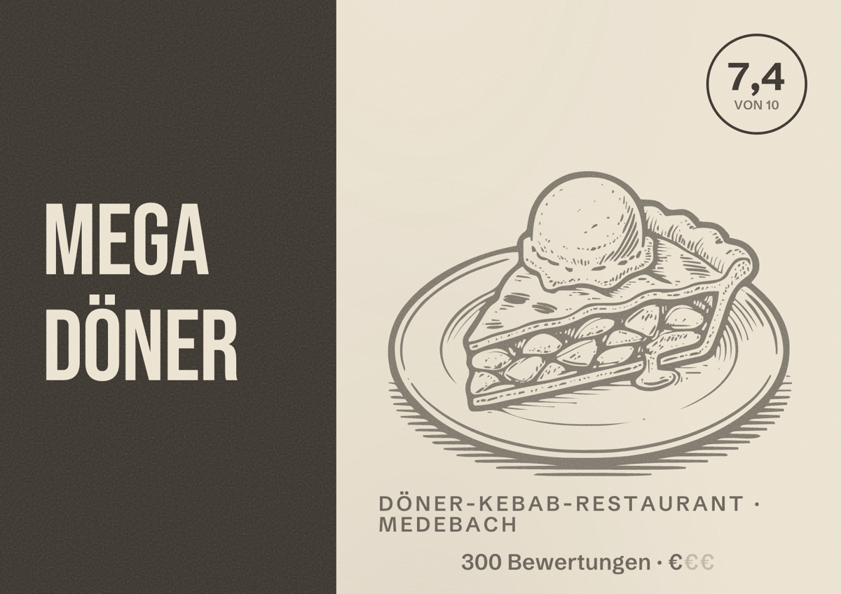 Illustriertes Poster von Mega Döner, Döner-Kebab-Restaurant in Medebach: Bewertung 7,4 von 10 aus 300 Bewertungen, Preisniveau €