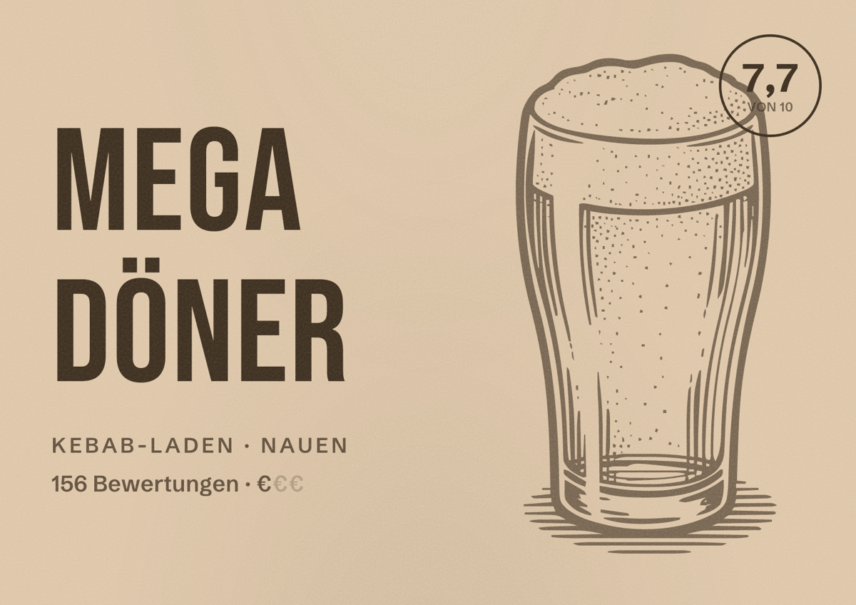 Illustriertes Poster von Mega Döner, Kebab-Laden in Nauen: Bewertung 7,7 von 10 aus 156 Bewertungen, Preisniveau €