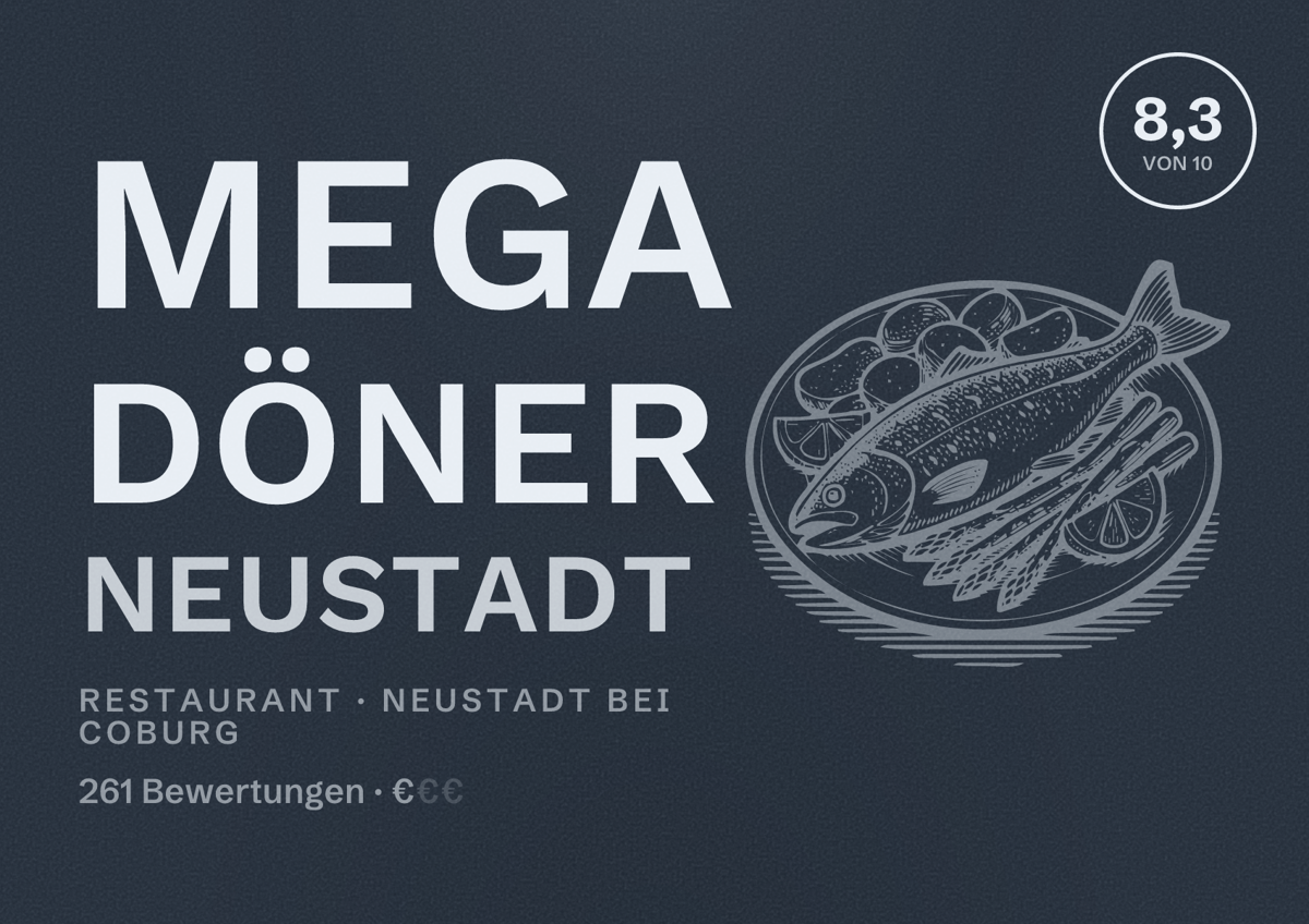 Illustriertes Poster von Mega Döner Neustadt, Restaurant in Neustadt bei Coburg: Bewertung 8,3 von 10 aus 261 Bewertungen, Preisniveau €