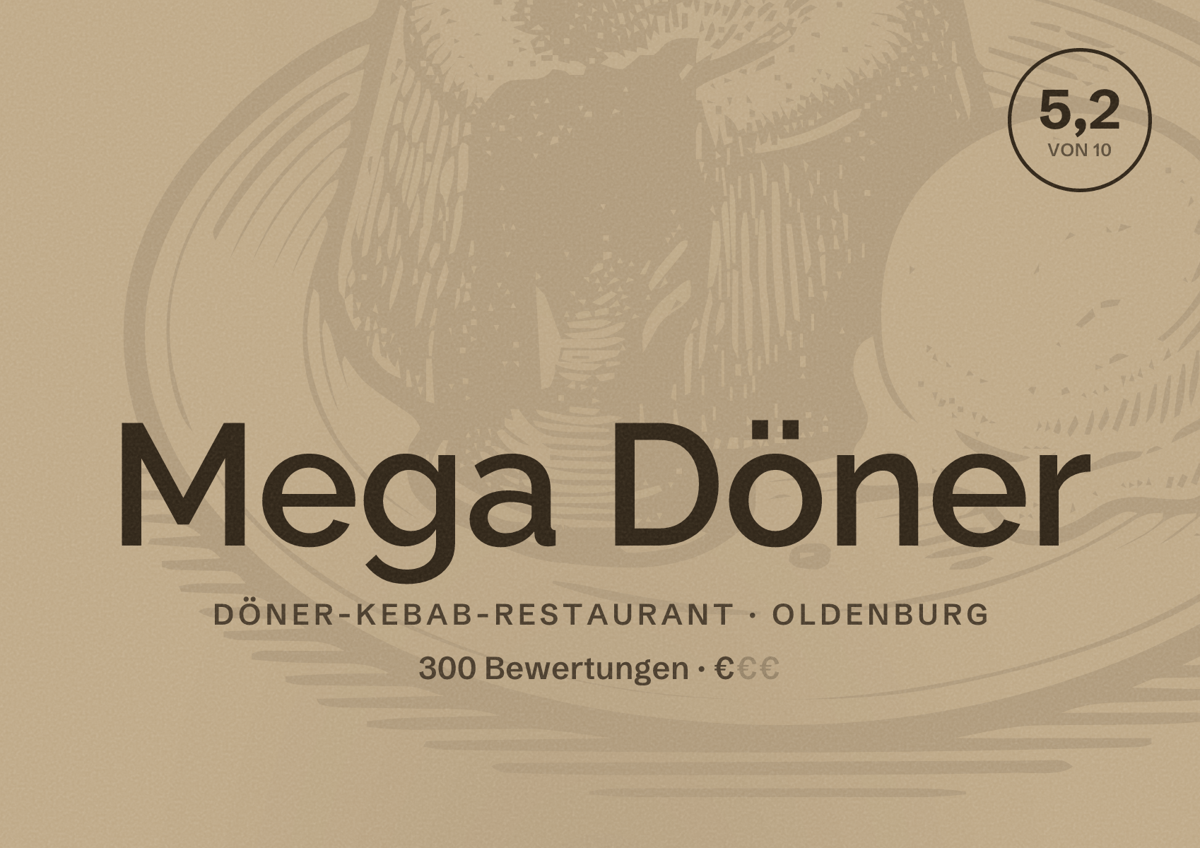 Illustriertes Poster von Mega Döner, Döner-Kebab-Restaurant in Oldenburg: Bewertung 5,2 von 10 aus 300 Bewertungen, Preisniveau €