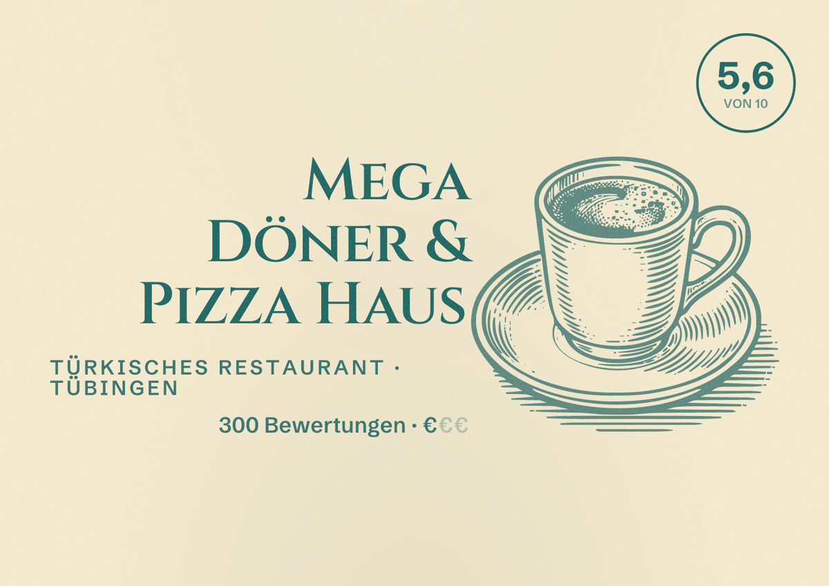 Illustriertes Poster von Mega Döner & Pizza Haus, Türkisches Restaurant in Tübingen: Bewertung 5,6 von 10 aus 300 Bewertungen, Preisniveau €