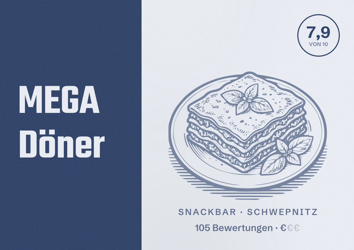 Illustriertes Poster von MEGA Döner, Snackbar in Schwepnitz: Bewertung 7,9 von 10 aus 105 Bewertungen, Preisniveau €