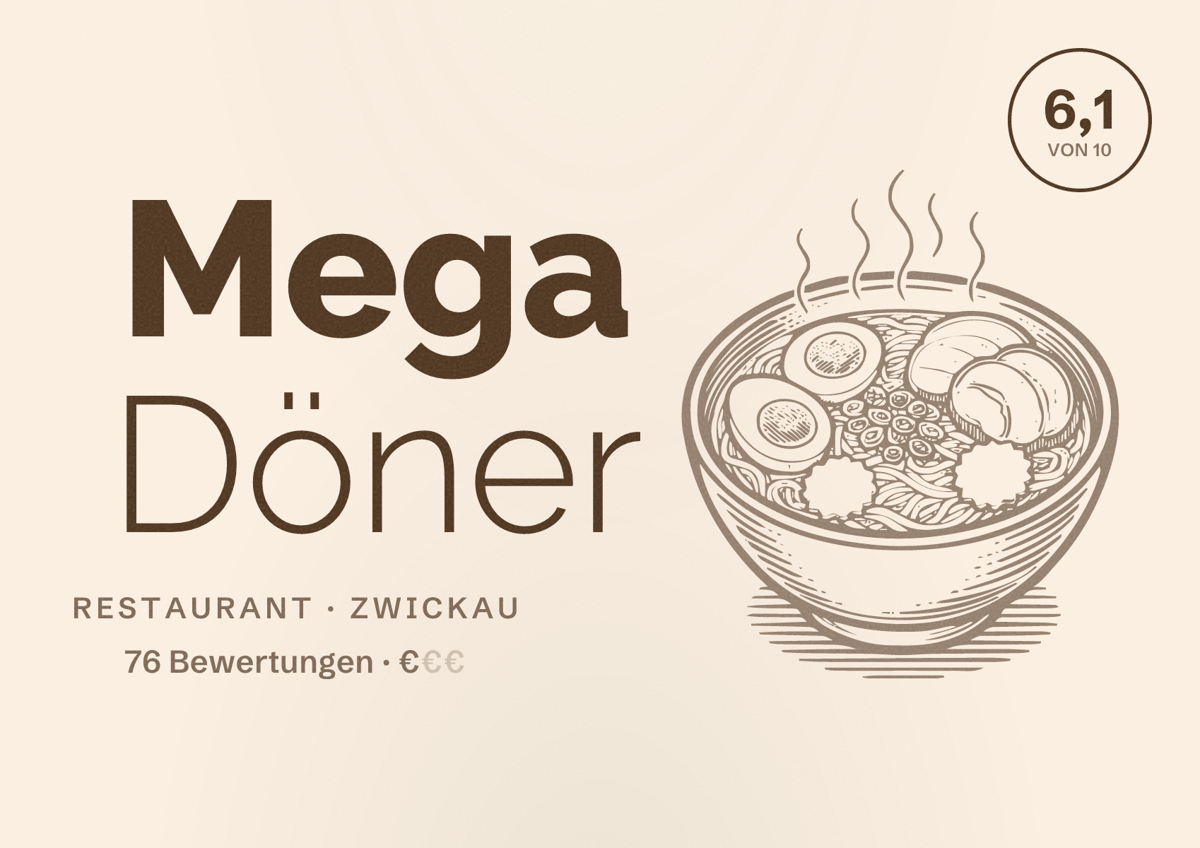 Illustriertes Poster von Mega Döner, Restaurant in Zwickau: Bewertung 6,1 von 10 aus 76 Bewertungen, Preisniveau €