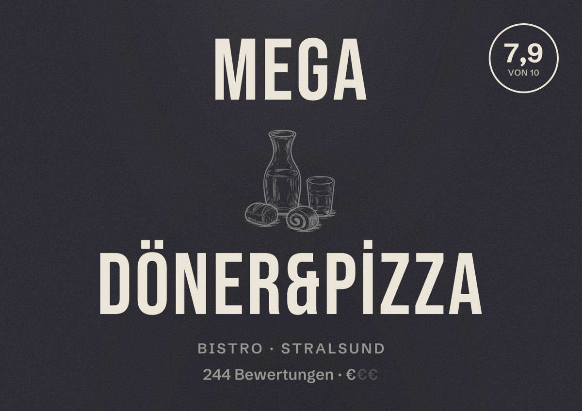 Illustriertes Poster von MEGA DÖNER&PİZZA, Bistro in Stralsund: Bewertung 7,9 von 10 aus 244 Bewertungen, Preisniveau €