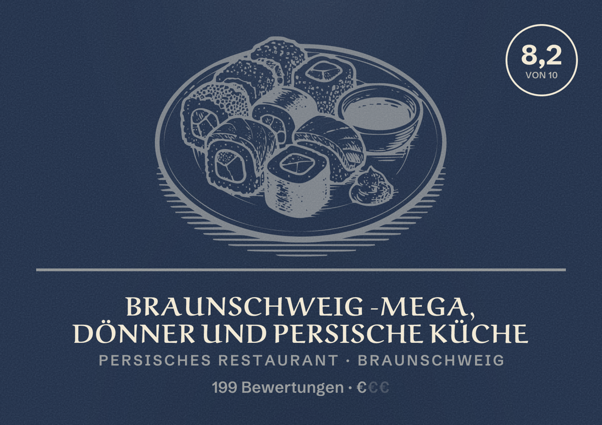 Illustriertes Poster von Braunschweig -mega, Dönner und Persische Küche, Persisches Restaurant in Braunschweig: Bewertung 8,2 von 10 aus 199 Bewertungen, Preisniveau €