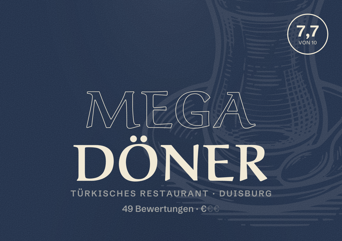 Illustriertes Poster von Mega Döner, Türkisches Restaurant in Duisburg: Bewertung 7,7 von 10 aus 49 Bewertungen, Preisniveau €