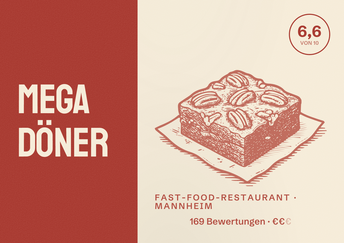 Illustriertes Poster von Mega Döner, Fast-Food-Restaurant in Mannheim: Bewertung 6,6 von 10 aus 169 Bewertungen, Preisniveau €€