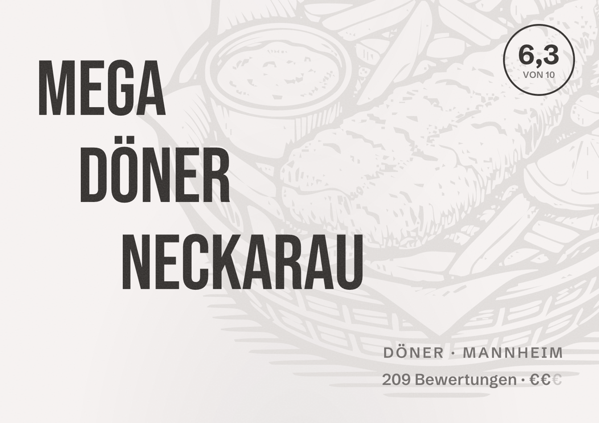 Illustriertes Poster von Mega Döner Neckarau, Döner in Mannheim: Bewertung 6,3 von 10 aus 209 Bewertungen, Preisniveau €€