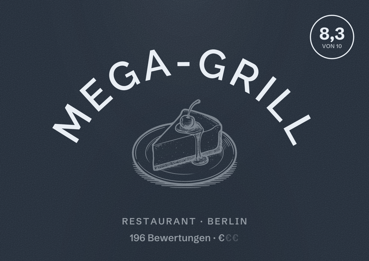 Illustriertes Poster von Mega-Grill, Restaurant in Berlin: Bewertung 8,3 von 10 aus 196 Bewertungen, Preisniveau €