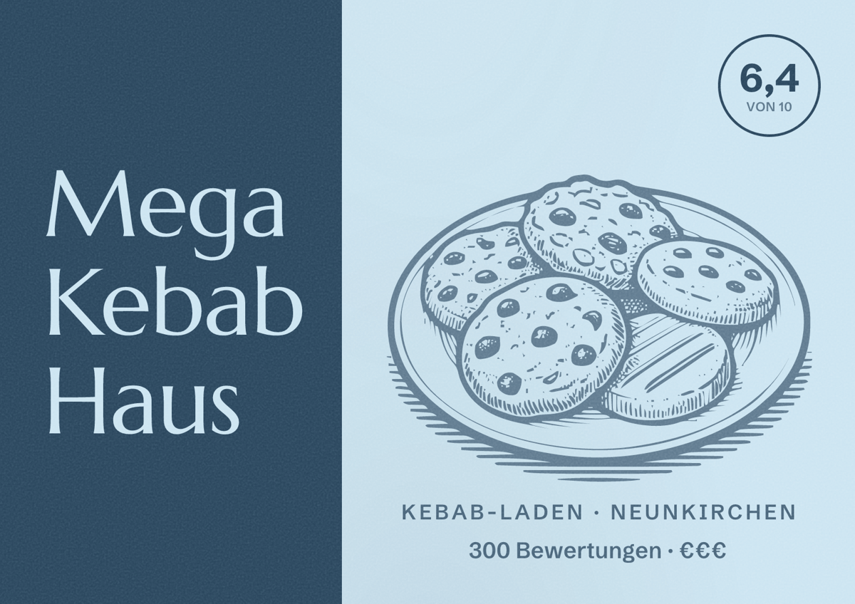 Illustriertes Poster von Mega Kebab Haus, Kebab-Laden in Neunkirchen: Bewertung 6,4 von 10 aus 300 Bewertungen, Preisniveau €€€