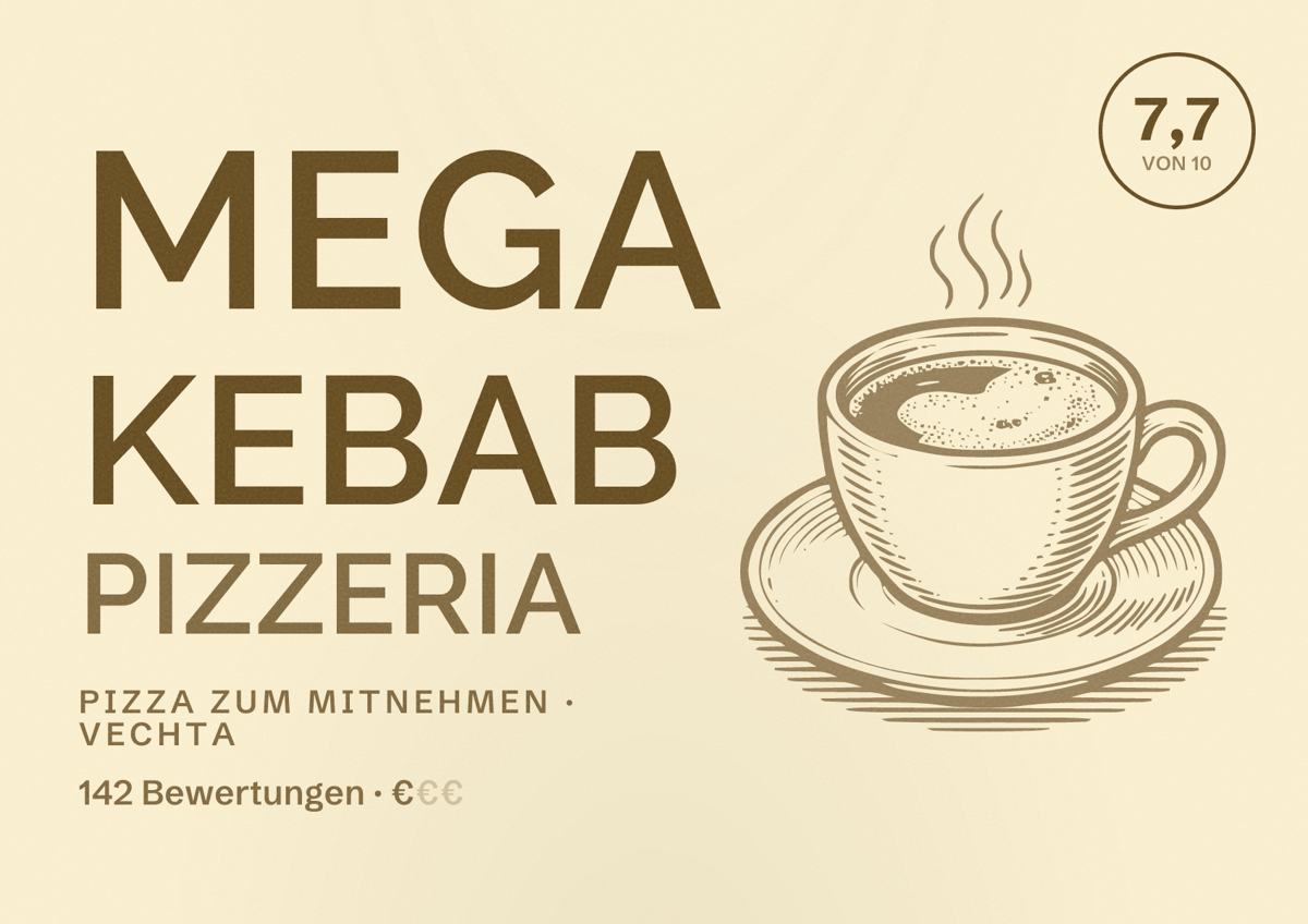 Illustriertes Poster von Mega Kebab Pizzeria, Pizza zum Mitnehmen in Vechta: Bewertung 7,7 von 10 aus 142 Bewertungen, Preisniveau €