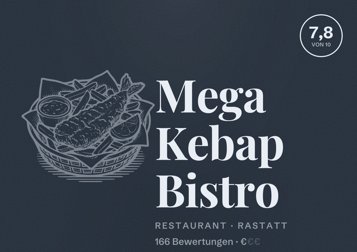 Illustriertes Poster von Mega Kebap Bistro, Restaurant in Rastatt: Bewertung 7,8 von 10 aus 166 Bewertungen, Preisniveau €