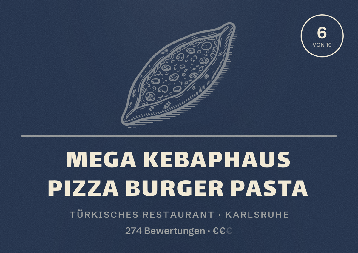 Illustriertes Poster von Mega Kebaphaus Pizza Burger Pasta, Türkisches Restaurant in Karlsruhe: Bewertung 6 von 10 aus 274 Bewertungen, Preisniveau €€