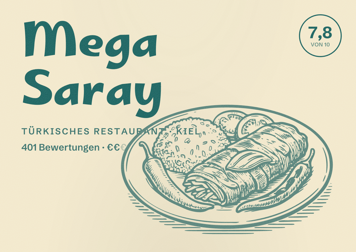 Illustriertes Poster von Mega Saray, Türkisches Restaurant in Kiel: Bewertung 7,8 von 10 aus 401 Bewertungen, Preisniveau €€