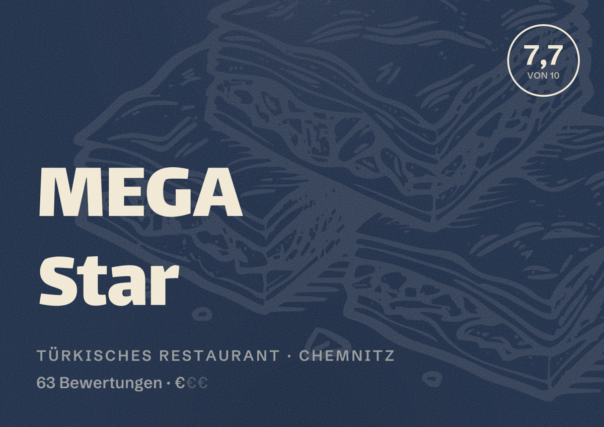 Illustriertes Poster von MEGA Star, Türkisches Restaurant in Chemnitz: Bewertung 7,7 von 10 aus 63 Bewertungen, Preisniveau €