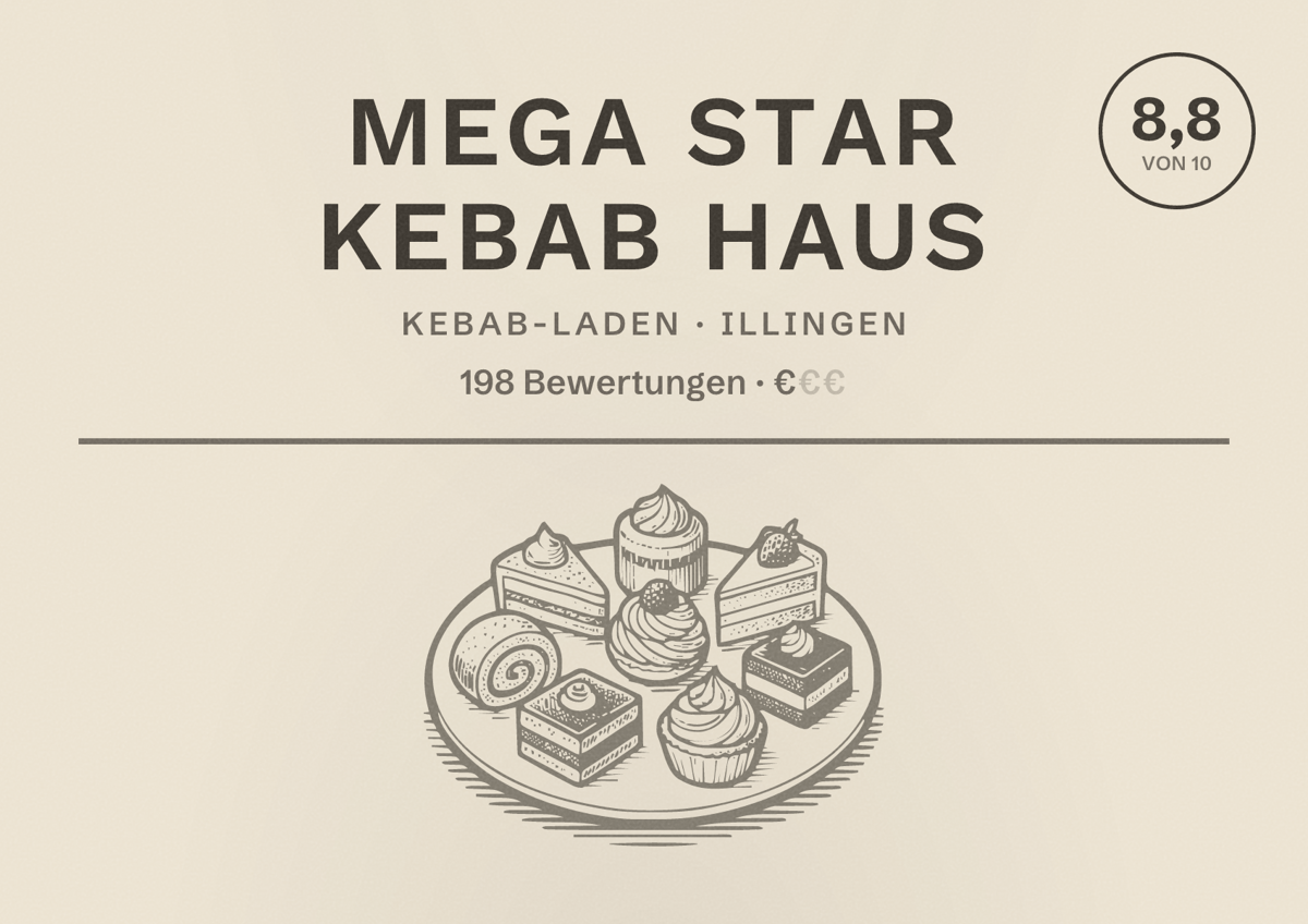 Illustriertes Poster von Mega Star Kebab Haus, Kebab-Laden in Illingen: Bewertung 8,8 von 10 aus 198 Bewertungen, Preisniveau €