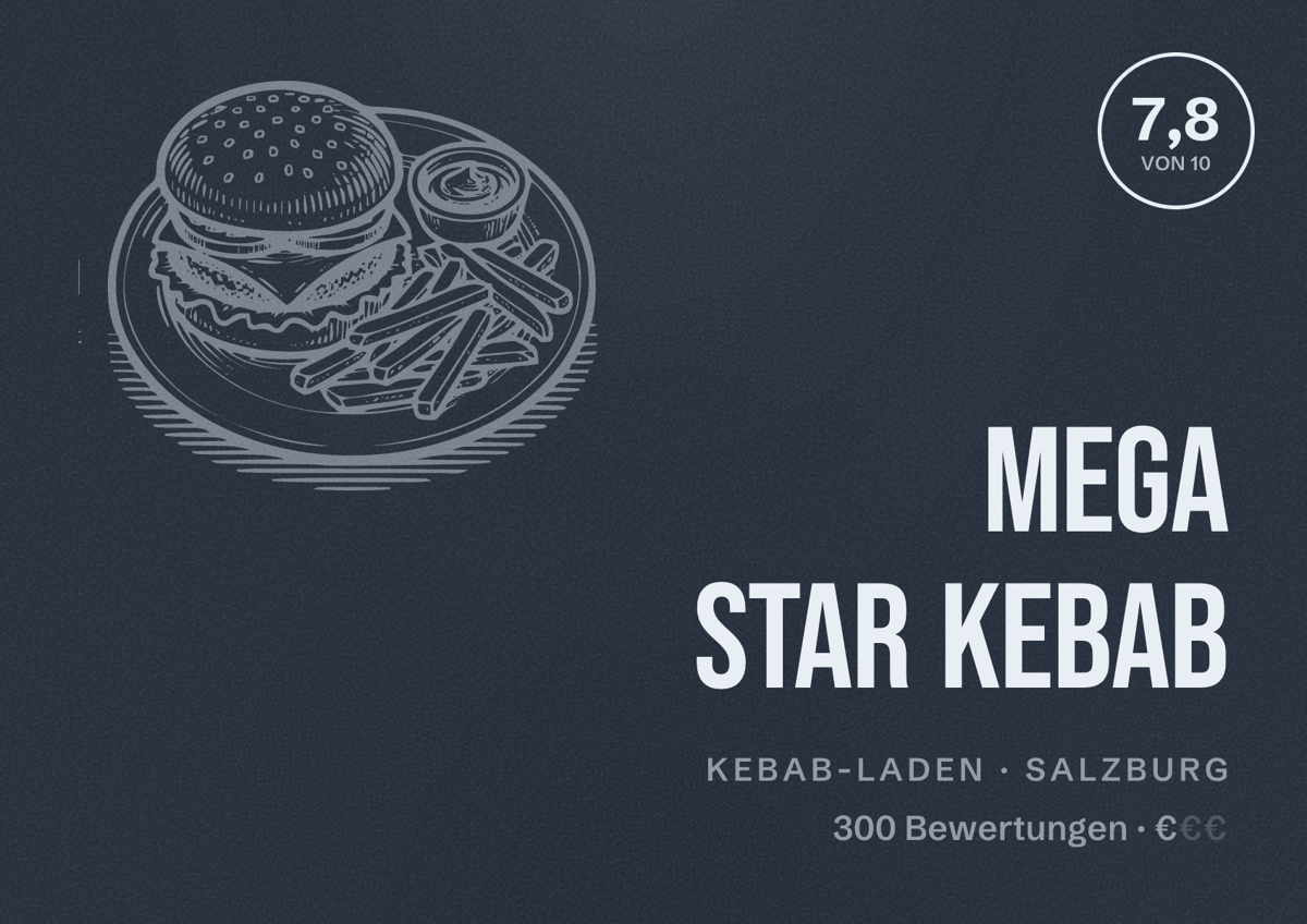 Illustriertes Poster von Mega Star Kebab, Kebab-Laden in Salzburg: Bewertung 7,8 von 10 aus 300 Bewertungen, Preisniveau €