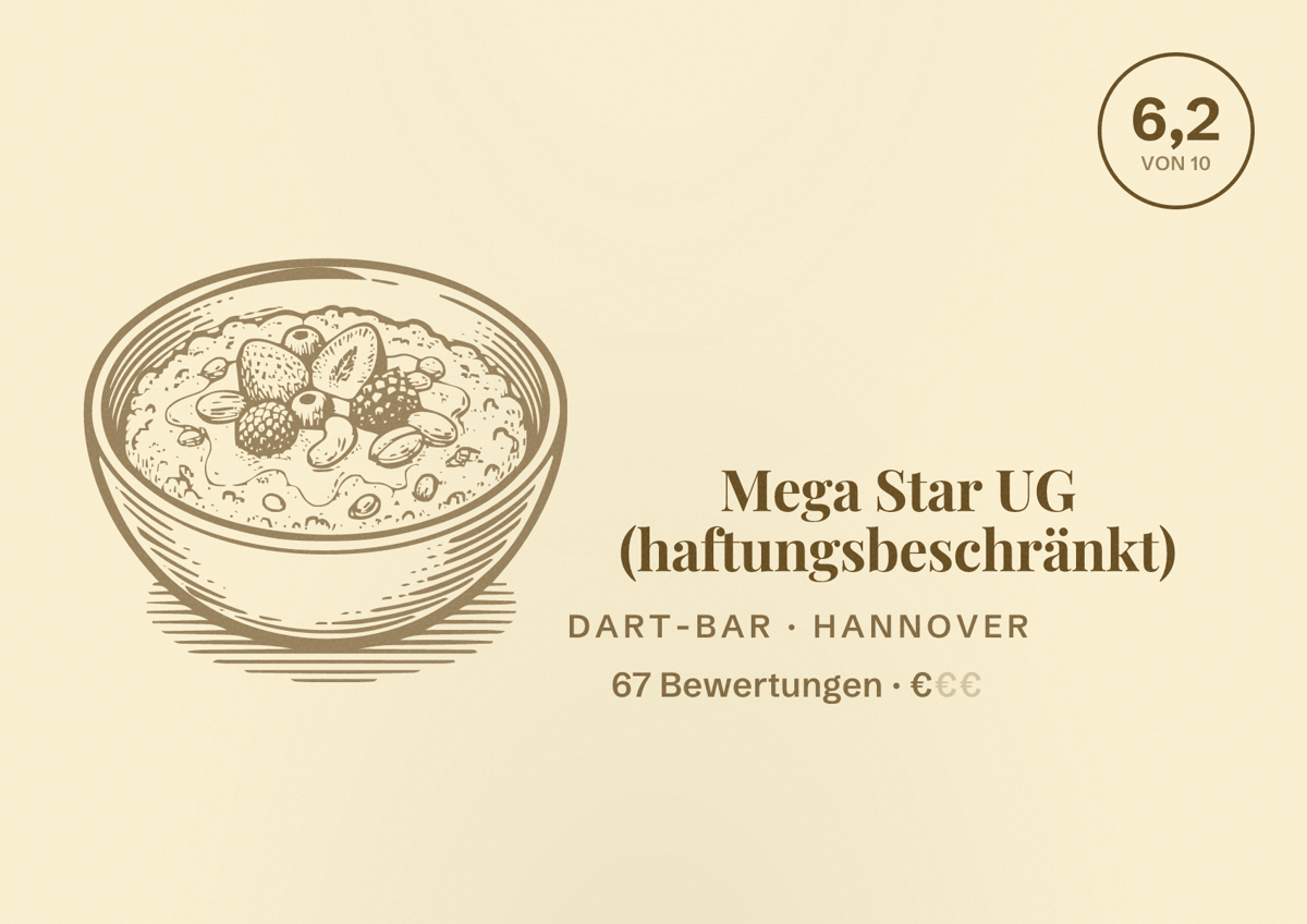 Illustriertes Poster von Mega Star UG (haftungsbeschränkt), Dart-Bar in Hannover: Bewertung 6,2 von 10 aus 67 Bewertungen, Preisniveau €