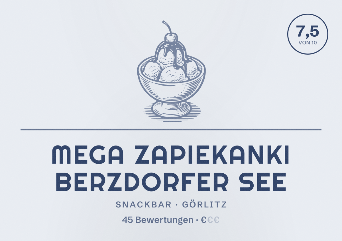 Illustriertes Poster von Mega Zapiekanki Berzdorfer See, Snackbar in Görlitz: Bewertung 7,5 von 10 aus 45 Bewertungen, Preisniveau €