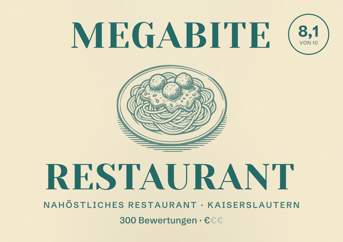 Illustriertes Poster von Megabite Restaurant, Nahöstliches Restaurant in Kaiserslautern: Bewertung 8,1 von 10 aus 300 Bewertungen, Preisniveau €