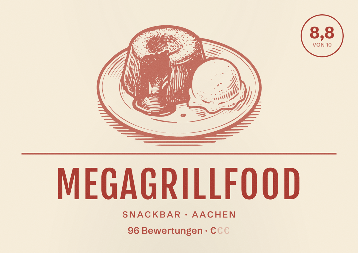 Illustriertes Poster von Megagrillfood, Snackbar in Aachen: Bewertung 8,8 von 10 aus 96 Bewertungen, Preisniveau €