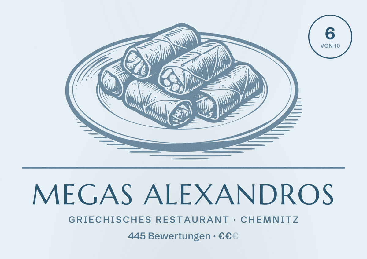 Illustriertes Poster von Megas Alexandros, Griechisches Restaurant in Chemnitz: Bewertung 6,0 von 10 aus 445 Bewertungen, Preisniveau €€