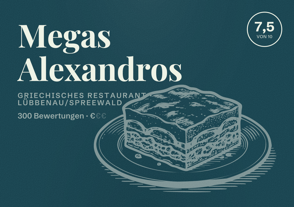 Illustriertes Poster von Megas Alexandros, Griechisches Restaurant in Lübbenau/Spreewald: Bewertung 7,5 von 10 aus 300 Bewertungen, Preisniveau €