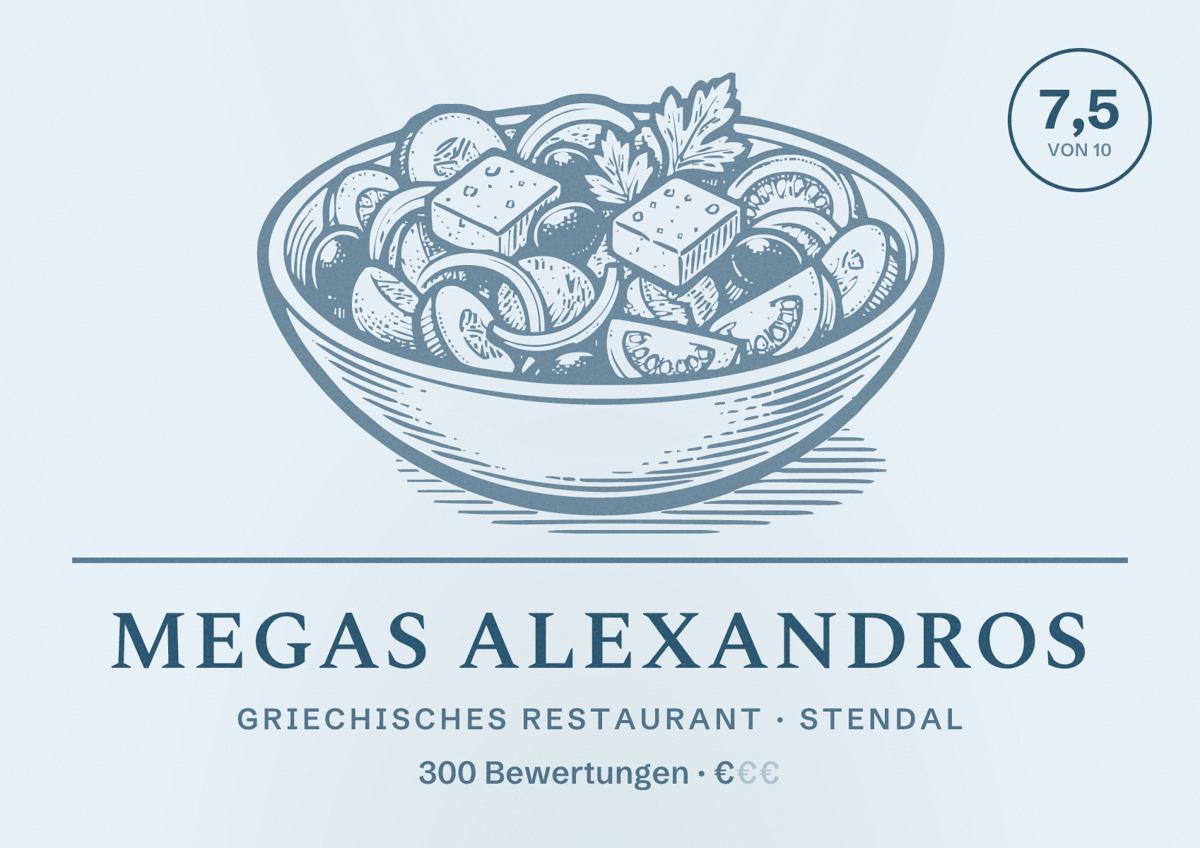 Illustriertes Poster von Megas Alexandros, Griechisches Restaurant in Stendal: Bewertung 7,5 von 10 aus 300 Bewertungen, Preisniveau €