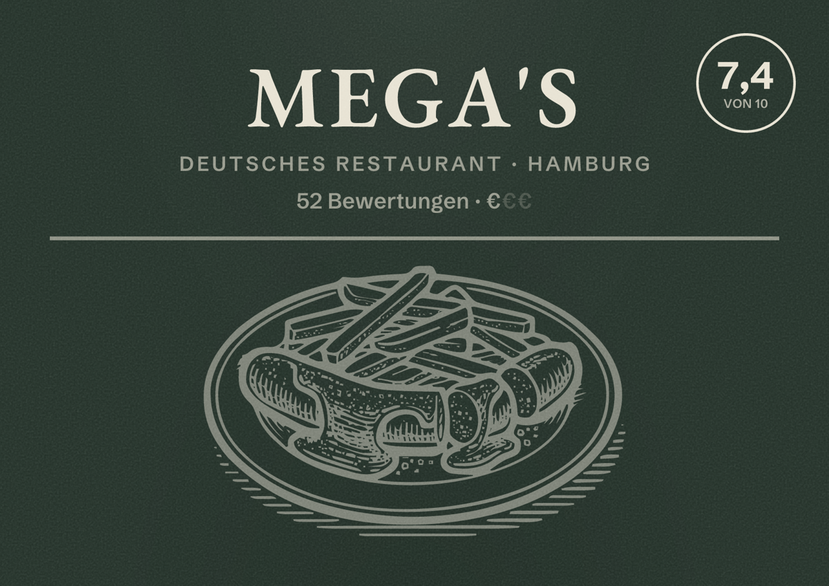 Illustriertes Poster von Mega's, Deutsches Restaurant in Hamburg: Bewertung 7,4 von 10 aus 52 Bewertungen, Preisniveau €