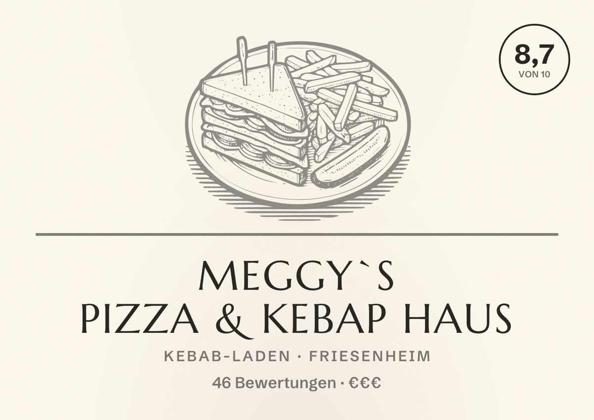 Illustriertes Poster von Meggy`s Pizza & Kebap Haus, Kebab-Laden in Friesenheim: Bewertung 8,7 von 10 aus 46 Bewertungen, Preisniveau €€€