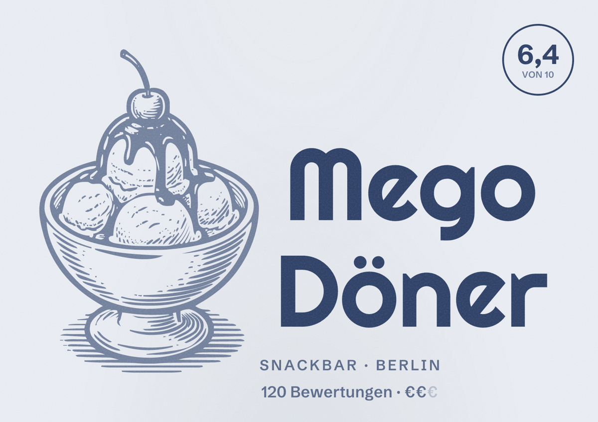 Illustriertes Poster von Mego Döner, Snackbar in Berlin: Bewertung 6,4 von 10 aus 120 Bewertungen, Preisniveau €€