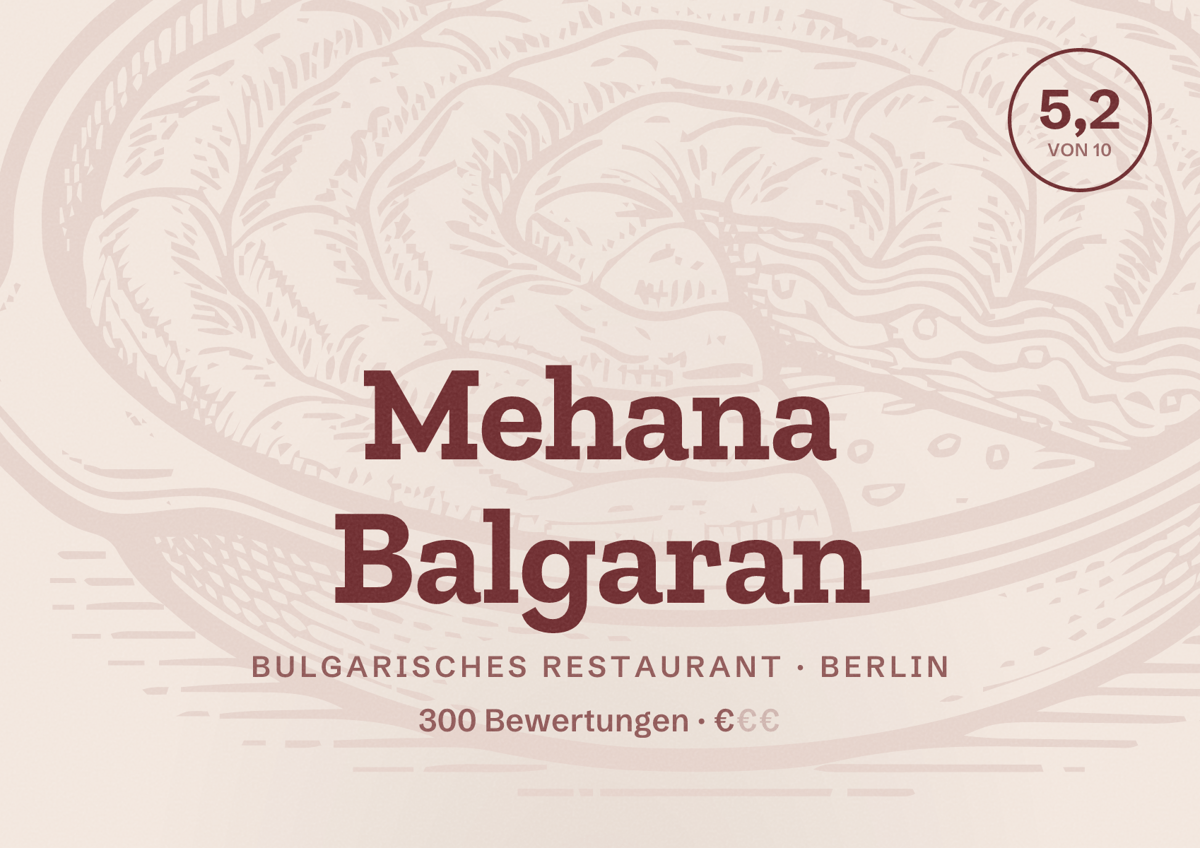 Illustriertes Poster von Mehana Balgaran, Bulgarisches Restaurant in Berlin: Bewertung 5,2 von 10 aus 300 Bewertungen, Preisniveau €