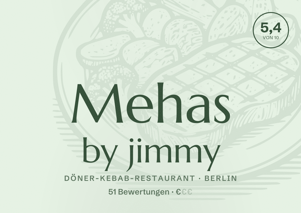 Illustriertes Poster von Mehas by jimmy, Döner-Kebab-Restaurant in Berlin: Bewertung 5,4 von 10 aus 51 Bewertungen, Preisniveau €