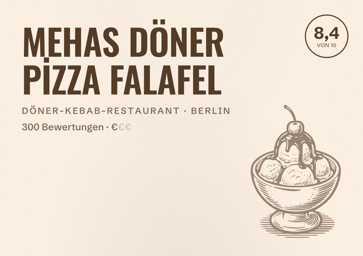 Illustriertes Poster von MEHAS DÖNER PİZZA FALAFEL, Döner-Kebab-Restaurant in Berlin: Bewertung 8,4 von 10 aus 300 Bewertungen, Preisniveau €