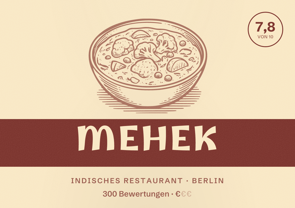 Illustriertes Poster von Mehek, Indisches Restaurant in Berlin: Bewertung 7,8 von 10 aus 300 Bewertungen, Preisniveau €