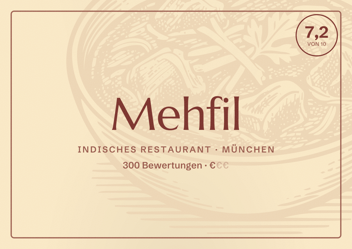 Illustriertes Poster von Mehfil, Indisches Restaurant in München: Bewertung 7,2 von 10 aus 300 Bewertungen, Preisniveau €