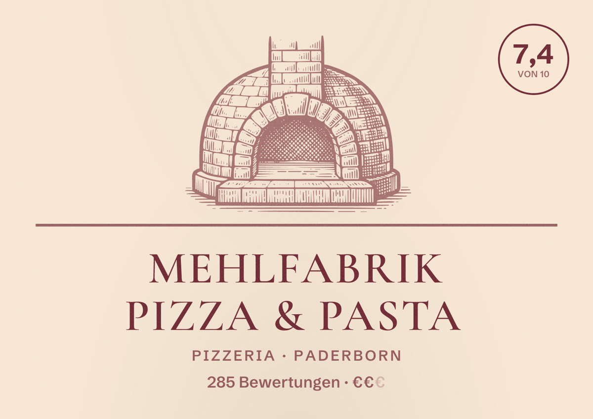 Illustriertes Poster von mehlfabrik Pizza & Pasta, Pizzeria in Paderborn: Bewertung 7,4 von 10 aus 285 Bewertungen, Preisniveau €€